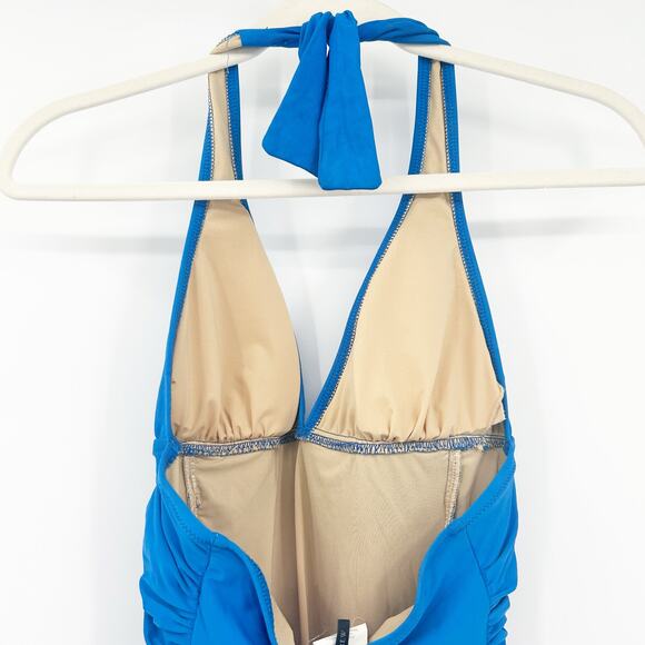 J Crew Womens Beach Tropical Summer Ruched Halter One Piece Swimsuit Size 2 Blue - Picture 7 of 9